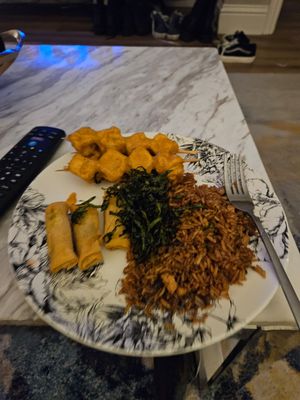 Tofu satay, shiitake fried rice, spring greens and spring rolls at The Orchid Vegan Restaurant in York