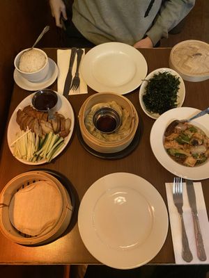 Duck pancakes, gyoza, seaweed, tofu curry, ricee  at The Orchid Vegan Restaurant in York