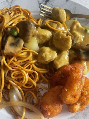 Delicious noodles, Chiken curry and salt and pepper king prawn   at The Orchid Vegan Restaurant in York