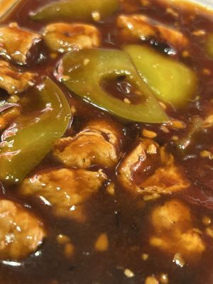 Black Bean Sauce With Green Pepper & Vegan Chicken  at The Orchid Vegan Restaurant in York