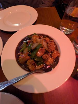 Vegan chicken in black bean sauce at The Orchid Vegan Restaurant in York