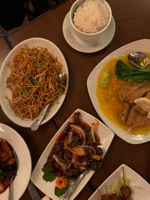 Steamed Jasmine Rice, Fried Noodles, Lemon Vegan Chicken, and Crispy Shredded Vegan Beef in OK Sauce
 at The Orchid Vegan Restaurant in York