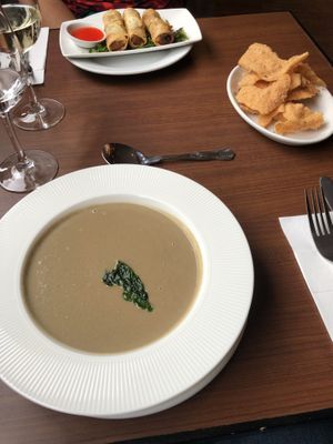 Mushroom soup and spring rolls  at The Orchid Vegan Restaurant in York