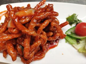 Vegan Shredded Chicken in OK Sauce at The Orchid Vegan Restaurant in York