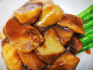 Terriyaki King Oyster Mushroom and Asparagus at The Orchid Vegan Restaurant in York