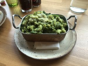 Mac and cheese with greens  at Vertigo in Salford