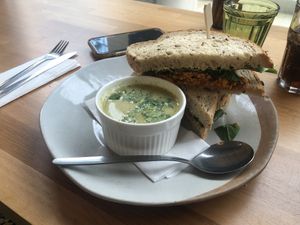 Cheese and pickle sandwich with cheese and broccoli soup  at Vertigo in Salford