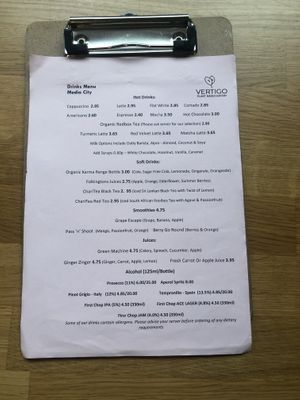 Menu as of Feb 2022  at Vertigo in Salford