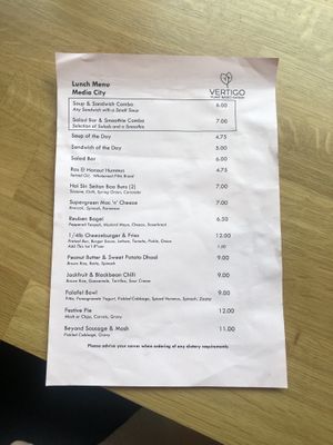 Menu as of Feb 2022  at Vertigo in Salford