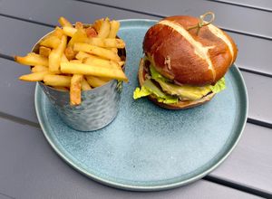 Awesomely well presented Cheeseburger and fries so tasty 😋  at Vertigo in Salford