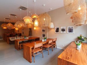 Indoor seating at GREENKARMA - Medienhafen in Dusseldorf