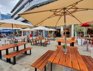 Outdoor seating at GREENKARMA - Medienhafen in Dusseldorf
