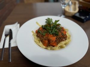 Pasta with Lentille bolognese  at Aquarium Cafe in Heligoland