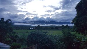 The rooftop view as the sun set at Gypsy Soul in Pai