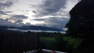 The rooftop view as the sun set at Gypsy Soul in Pai