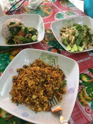 Larb, kale stir fry, lemongrass tofu at Samrup Jay in Ayutthaya