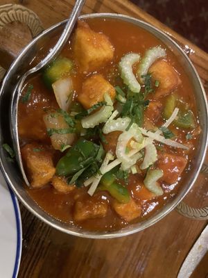 Indo-Chinese vegan tofu dish, savory, not sweet   at Karavalli in Saratoga Springs