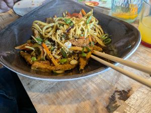 Curry with Udon noodles and tempeh at Osorio World's Kitchen in Ameland
