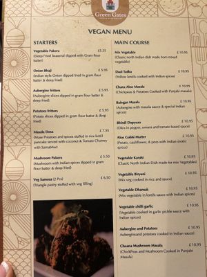 Dedicated menu   at Green Gates Indian Restaurant in Stirling