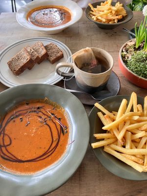 Creamy vegetable soup and French fries at Pievos in Birstonas