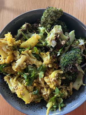 Broccoli radish sprout and almond. Curried cauliflower and greens (mitzuna? Or rocket?)  at Heritage Coffee in Dunedin