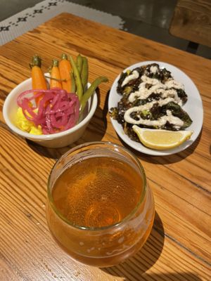 Pickled veggies, tahini brussel sprouts, cider   at Drake's Dealership in Oakland