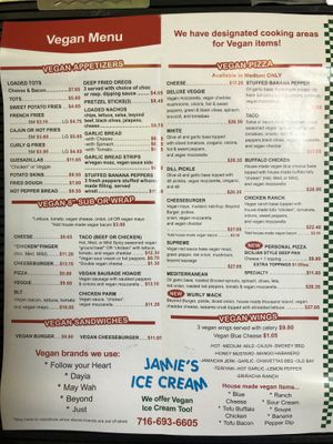 Solid vegan menu  at The Wurlitzer Pizza Co in North Tonawanda