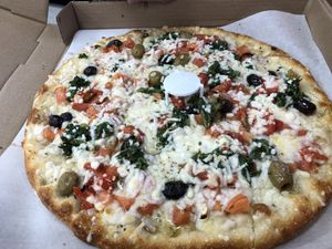 Vegan Mediterranean Pizza  at The Wurlitzer Pizza Co in North Tonawanda