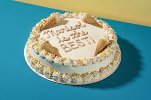 10" vegan "customers favorite cake," made with Cookie Dough and Cookies and Cream ice creams, chocolate chip cookies, buttercream, sugar cones, and sprinkles at Bartleby's Ice Cream in Chicago