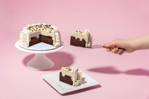 6" custom cake with vanilla and chocolate ice creams, gluten-free chocolate cookies, buttercream, mini chocolate chips, and sprinkles at Bartleby's Ice Cream in Chicago