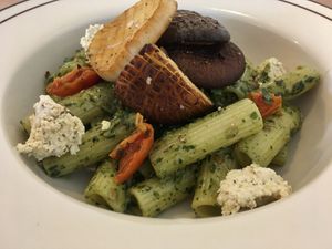 Chamnamul pesto pasta with tofu ricotta and perfectly seared king oyster mushroom  at LoveUrth 러브얼스 in Busan