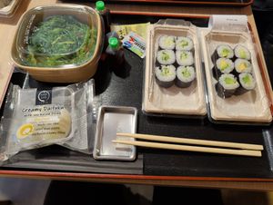 Vegan maki rolls, seaweed, anko mochi dessert at Wasabi Sushi Bento Bar in Geneva