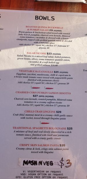 Menu VGO for vegan options at Carnarvon Hotel in Carnarvon