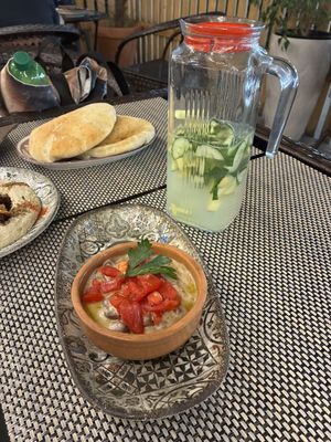 Masri ful and cucumber/ginger lemonade  at Harissa in Almaty