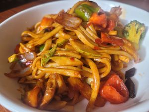 Vegan lagman—absolutely divine. Thick, chewy, homemade noodles; a really well-balanced sauce; and crisp, fresh vegetables, including deliciously meaty marinated mushrooms. YUM!!! at As-Kazan in Almaty