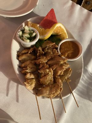 Mock chicken skewers yuM at Zabb Thai Cuisine Newport Beach in Newport Beach