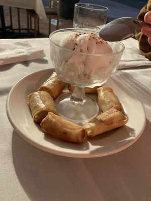 Vegan ice cream with fried banana at Zabb Thai Cuisine Newport Beach in Newport Beach