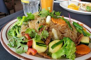 Vegan duck and veggie glass noodles dish with a vegan Thai iced tea! at Zabb Thai Cuisine Newport Beach in Newport Beach