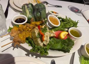 Vegan platter (photo doesn't do it justice) vegan chicken satay, edamame, gyoza, summer roll #Veganuary at Zabb Thai Cuisine Newport Beach in Newport Beach