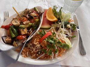 Young ginger with tofu and mushrooms and other veggies. Salad and glass noodles   at Zabb Thai Cuisine Newport Beach in Newport Beach