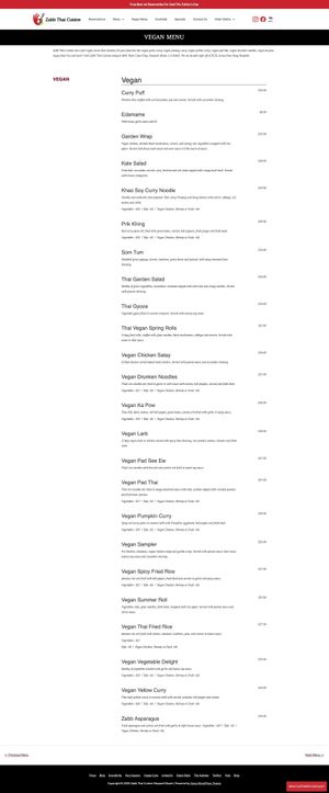 Vegan menu  at Zabb Thai Cuisine Newport Beach in Newport Beach