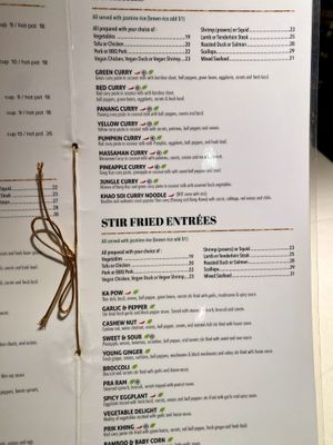 Green leaf marks vegan options by request in the main menu   at Zabb Thai Cuisine Newport Beach in Newport Beach