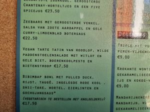vegan option mentioned on menu at 't Postkantoor in Delft