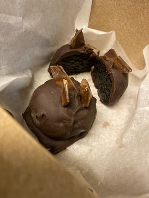 I had to cut the Oreo truffle to show off that yummy gooey chocolate center! at La Chia Vegana  in Lake Worth