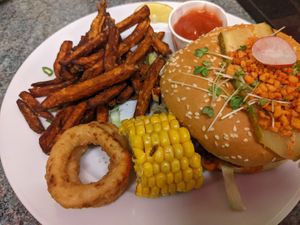 Hot quarter pounder Ans sweet potato fries at Seitan Hustle in Fleetwood