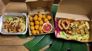 Tofu puffs, tater tots, kebab. at Seitan Hustle in Fleetwood