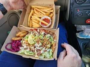 Donor kebab and base fries at Seitan Hustle in Fleetwood