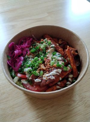 Classic steak Rice bowl with sweet potato fries at Seitan Hustle in Fleetwood