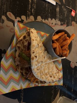 Falafel Flatbread and fries  at Lounges - Sacro Lounge in Buxton