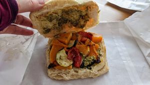 Roast vegetable  pesto on ciabatta at Banilla Bakery at Podda and Wren in Kendal